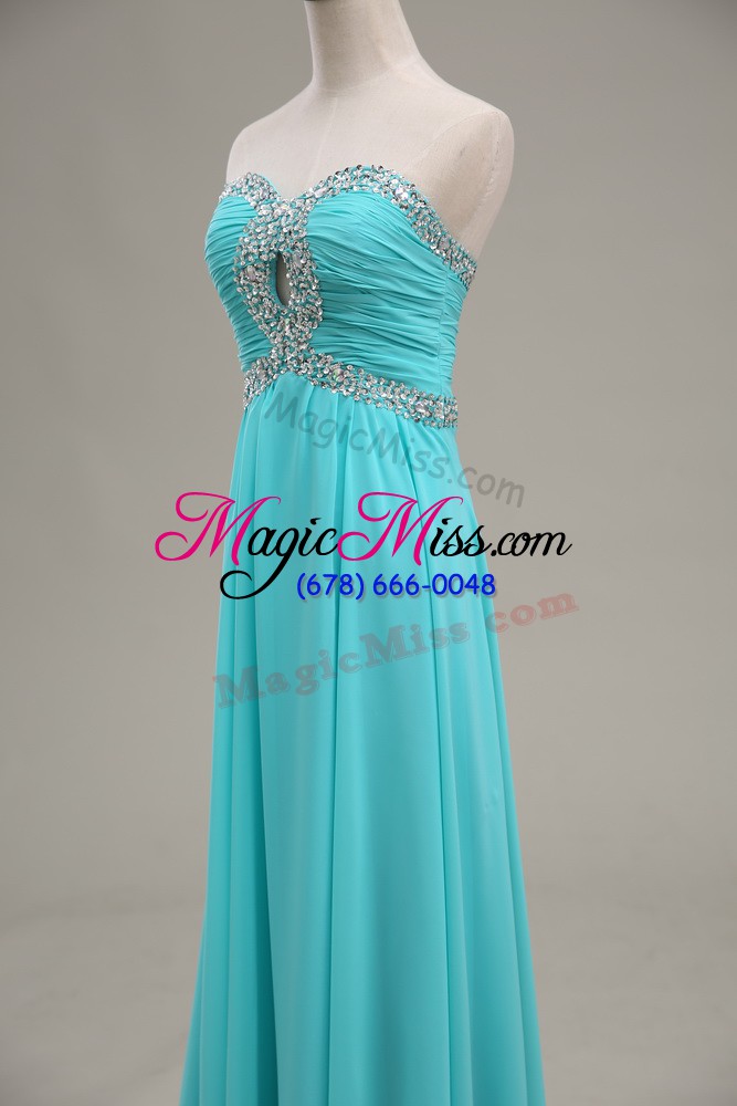 wholesale vintage aqua blue sleeveless beading and ruching floor length prom party dress