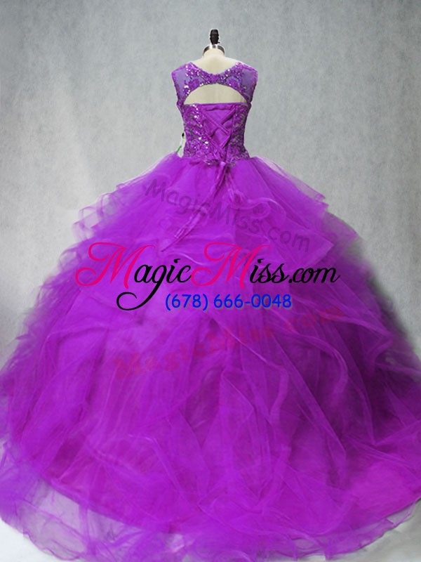 wholesale latest purple sleeveless brush train beading and ruffles 15th birthday dress