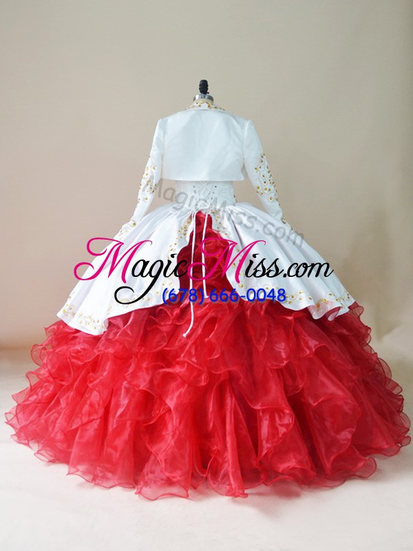 wholesale white and red ball gown prom dress sweet 16 and quinceanera with embroidery and ruffles sweetheart sleeveless lace up