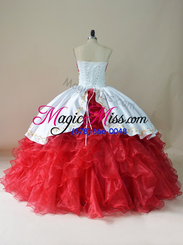 wholesale white and red ball gown prom dress sweet 16 and quinceanera with embroidery and ruffles sweetheart sleeveless lace up