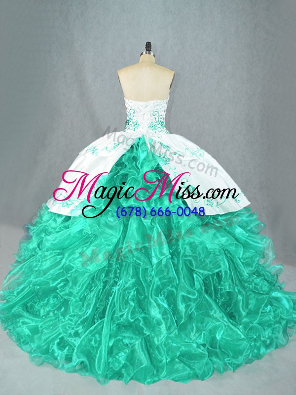 wholesale floor length turquoise 15th birthday dress organza sleeveless embroidery and ruffles
