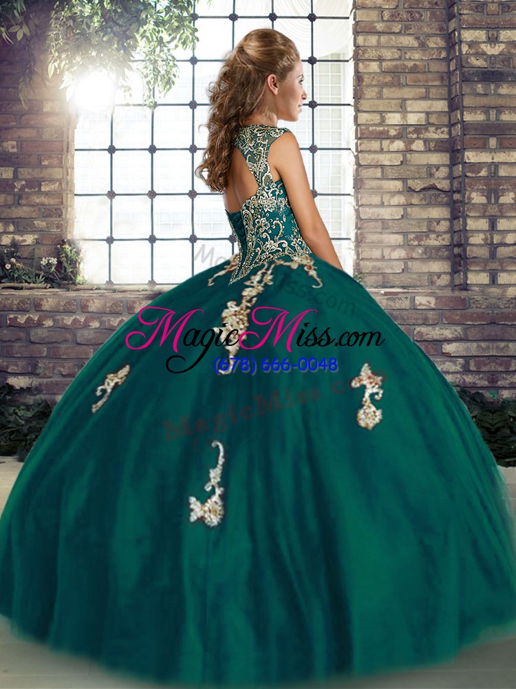 wholesale deluxe sleeveless tulle floor length lace up sweet 16 dresses in olive green with beading and appliques