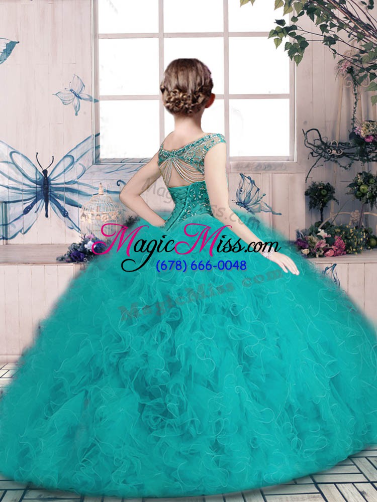 wholesale adorable floor length teal little girls pageant dress off the shoulder sleeveless lace up