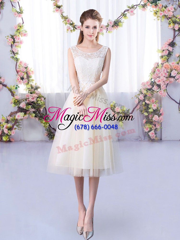 wholesale champagne sleeveless tea length lace lace up bridesmaid dress