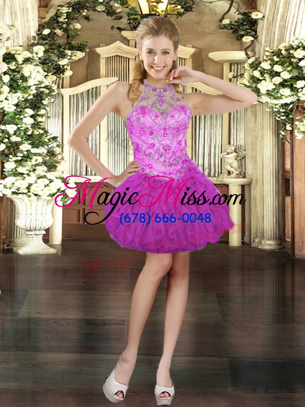 wholesale fuchsia lace up halter top beading and ruffles 15 quinceanera dress tulle sleeveless
