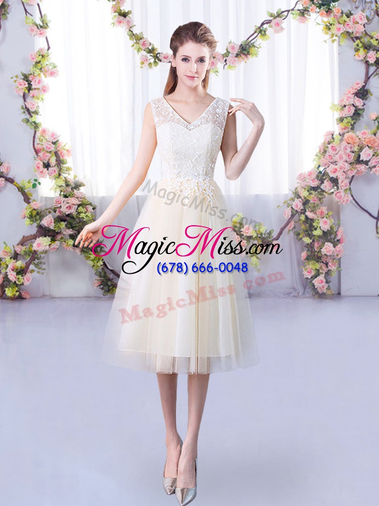 wholesale high end champagne lace up quinceanera court dresses lace sleeveless tea length