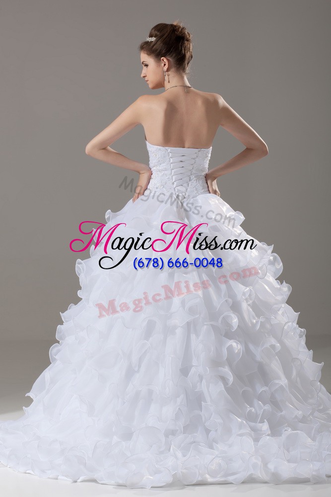 wholesale dynamic white lace up strapless lace and ruffled layers wedding gowns organza sleeveless brush train