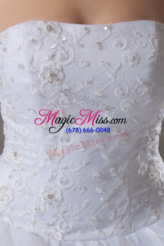 wholesale dynamic white lace up strapless lace and ruffled layers wedding gowns organza sleeveless brush train