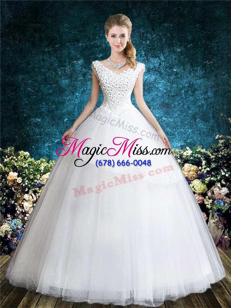 wholesale floor length white wedding dresses tulle sleeveless lace and appliques