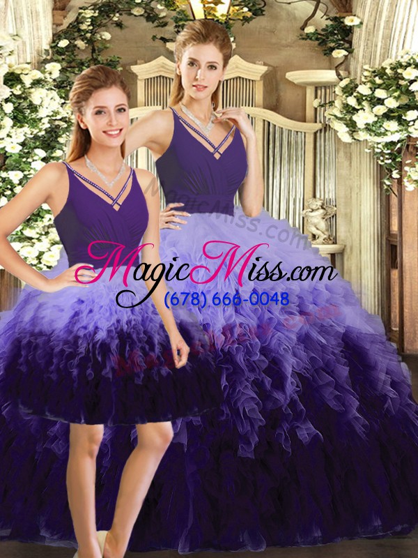 wholesale classical ball gowns sweet 16 dress multi-color v-neck tulle sleeveless floor length backless