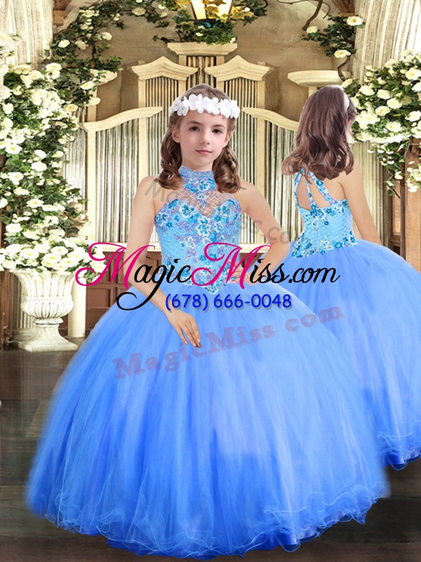 wholesale sleeveless floor length embroidery lace up quinceanera gown with blue