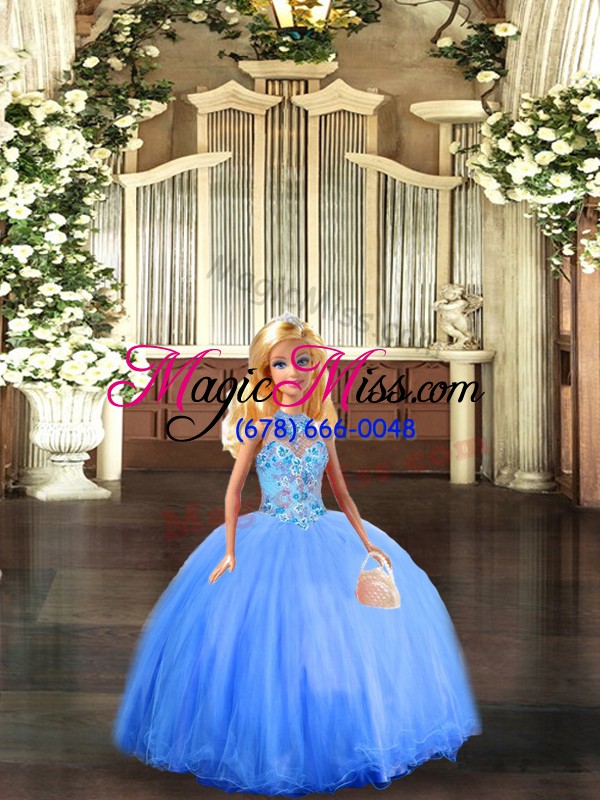 wholesale sleeveless floor length embroidery lace up quinceanera gown with blue
