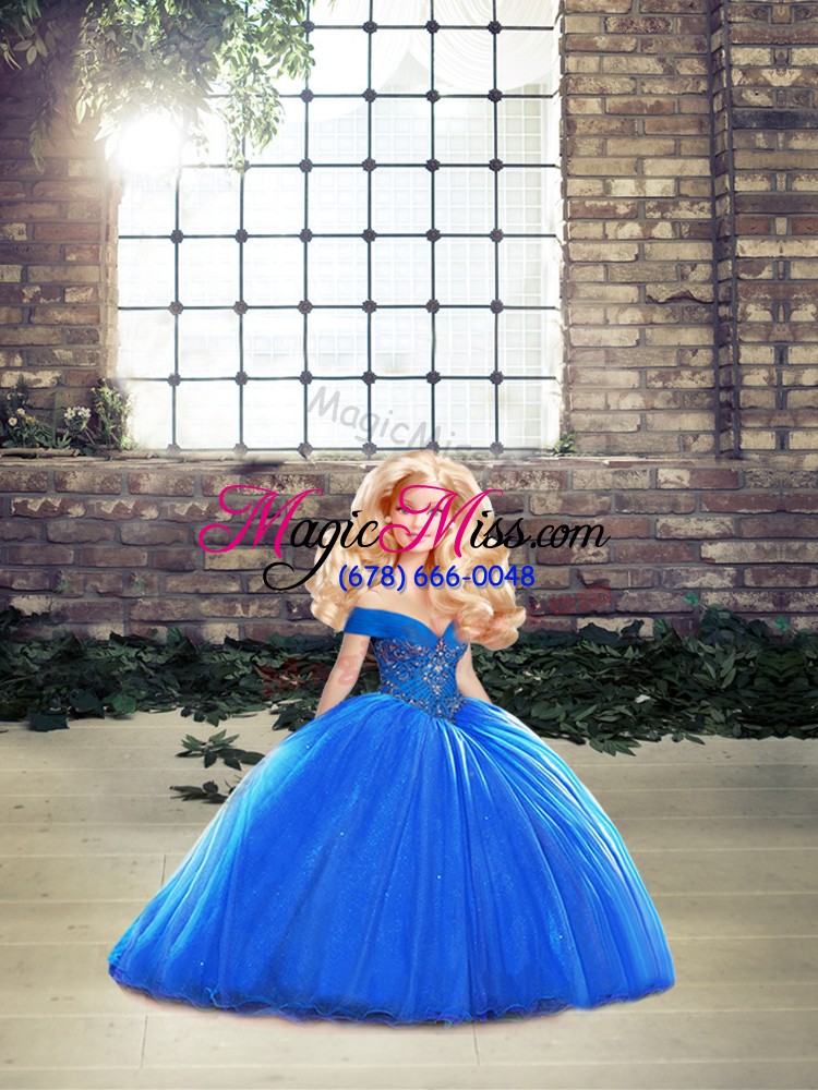 wholesale royal blue ball gowns organza off the shoulder sleeveless beading lace up sweet 16 quinceanera dress brush train