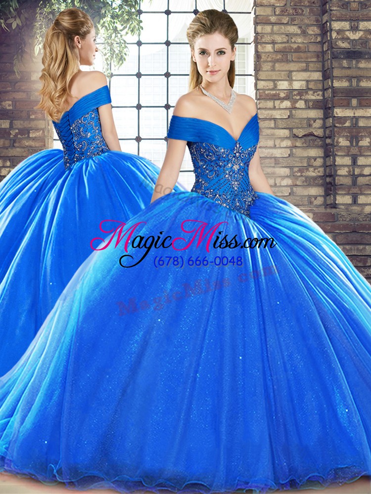 wholesale royal blue ball gowns organza off the shoulder sleeveless beading lace up sweet 16 quinceanera dress brush train