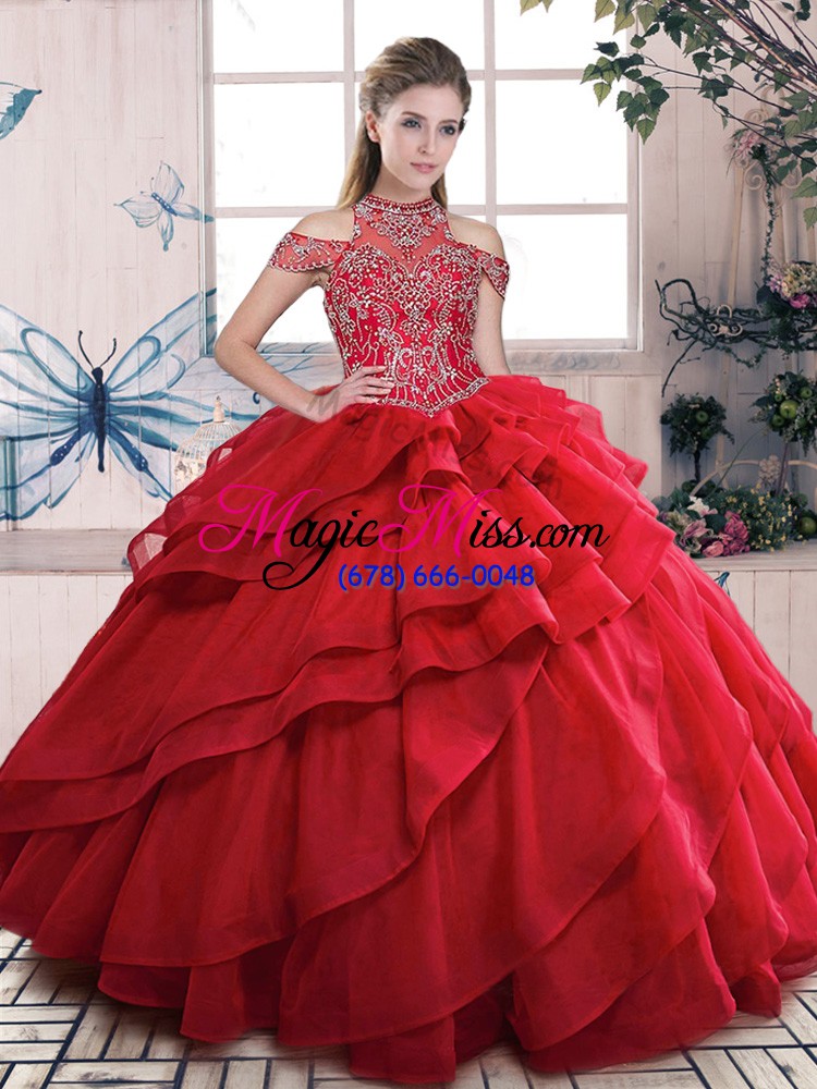 wholesale red lace up sweet 16 dress beading and ruffled layers sleeveless floor length