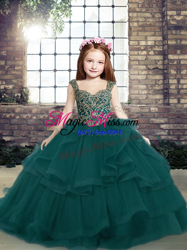 wholesale fashion peacock green kids pageant dress party and military ball and wedding party with beading and ruffles straps sleeveless lace up