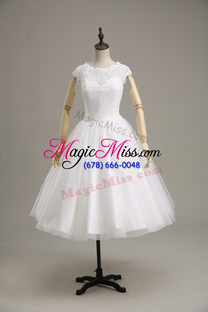 wholesale fine white tulle clasp handle bridal gown short sleeves tea length lace and belt