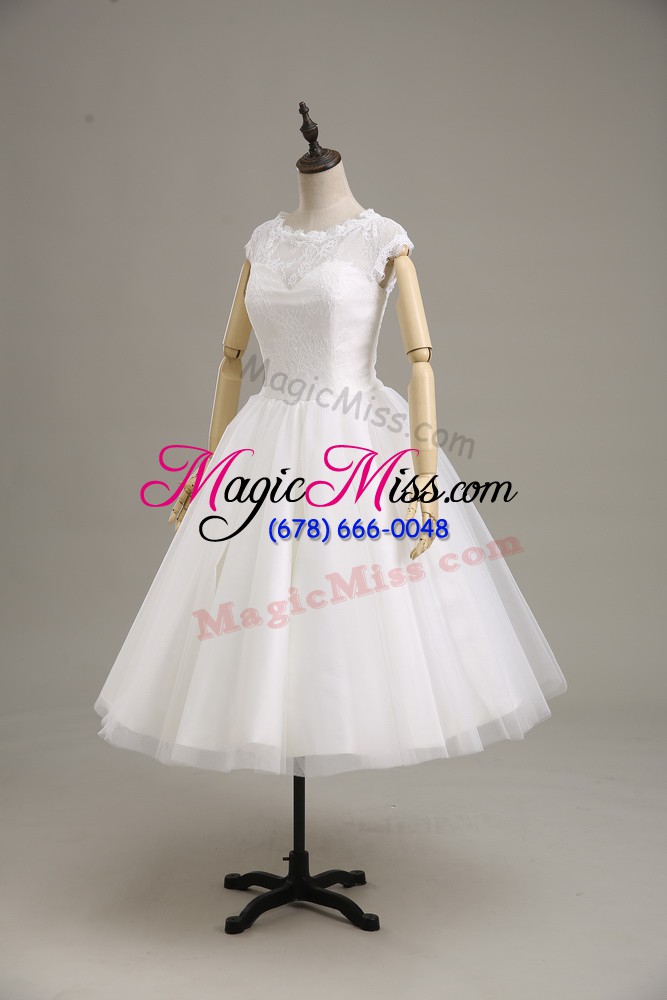 wholesale fine white tulle clasp handle bridal gown short sleeves tea length lace and belt