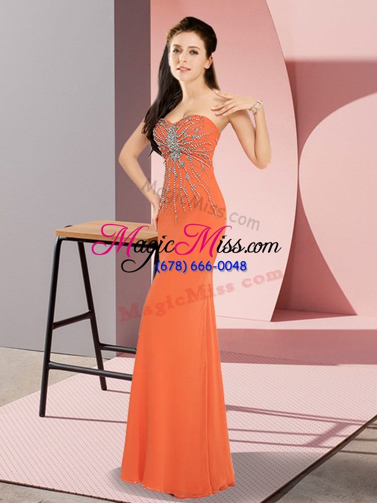 wholesale simple sleeveless chiffon floor length zipper prom party dress in orange red with beading
