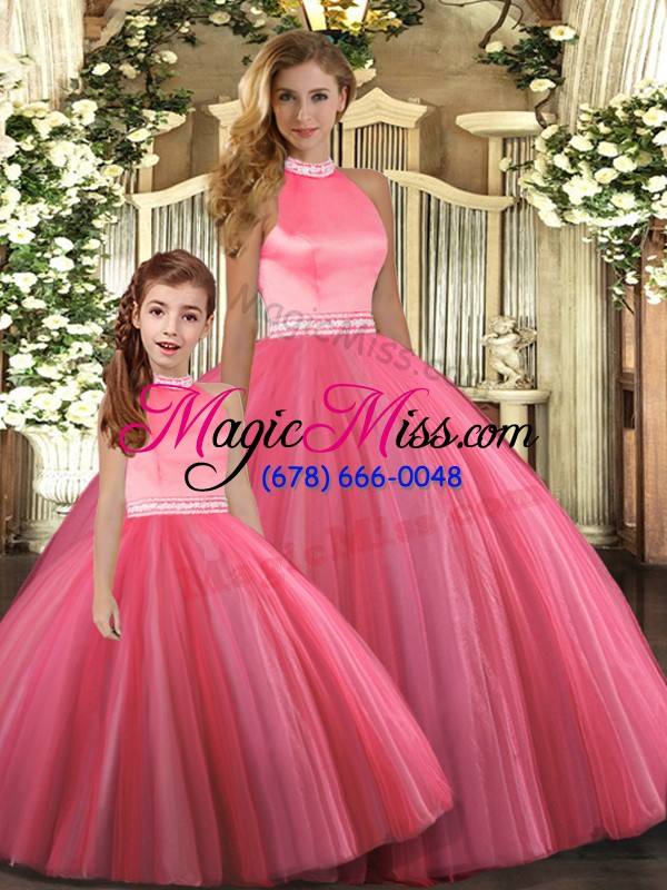 wholesale trendy tulle halter top sleeveless backless beading quinceanera dress in coral red
