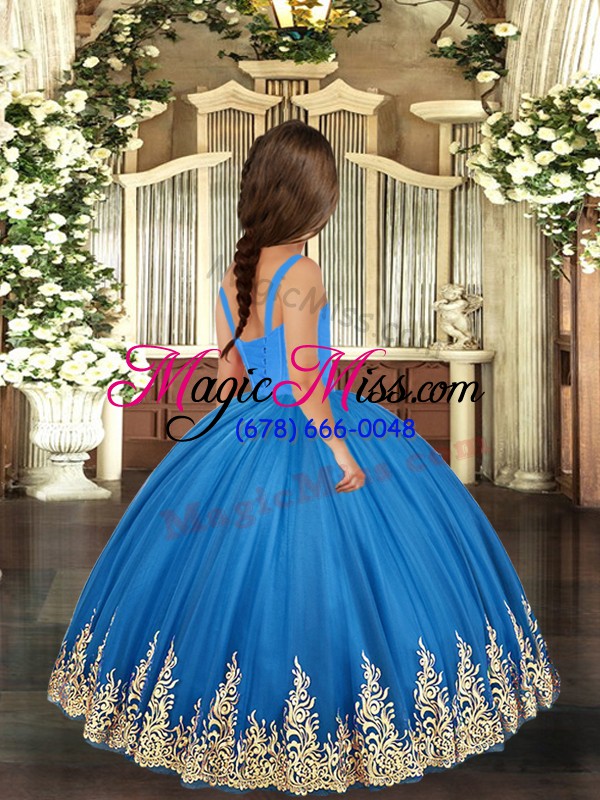 wholesale sleeveless floor length embroidery lace up child pageant dress with royal blue