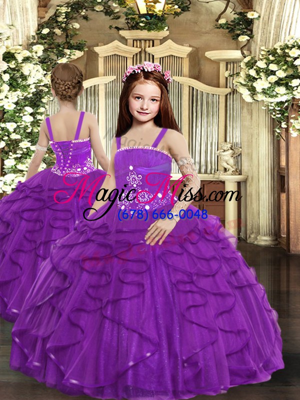 wholesale purple tulle lace up strapless sleeveless floor length sweet 16 quinceanera dress beading and ruffles