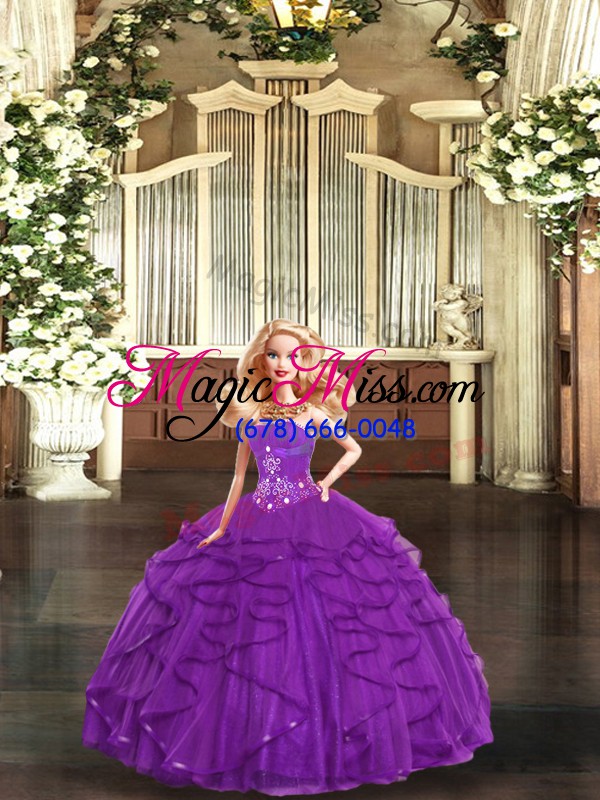 wholesale purple tulle lace up strapless sleeveless floor length sweet 16 quinceanera dress beading and ruffles
