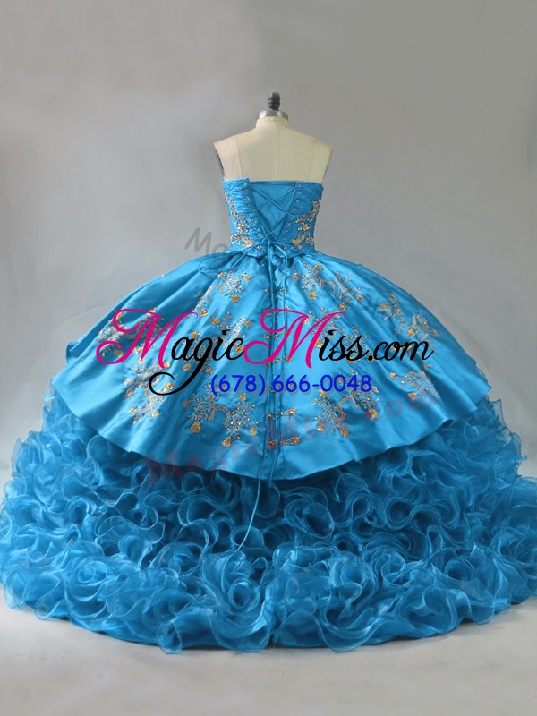 wholesale embroidery and ruffles quinceanera gown blue lace up sleeveless brush train