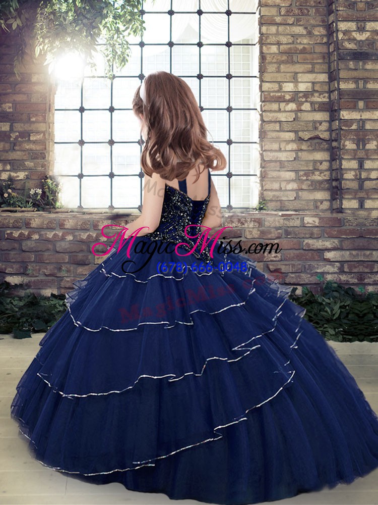wholesale eggplant purple ball gowns straps sleeveless tulle floor length lace up beading and ruffled layers little girl pageant gowns