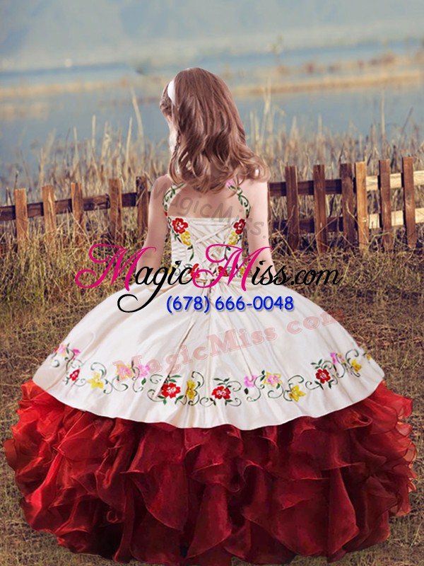wholesale affordable sleeveless embroidery and ruffles lace up kids pageant dress