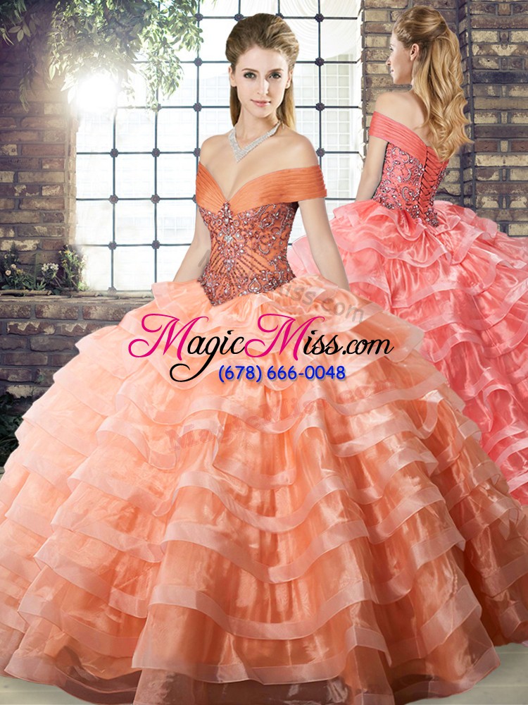 wholesale custom made beading and ruffled layers quinceanera gown peach lace up sleeveless brush train
