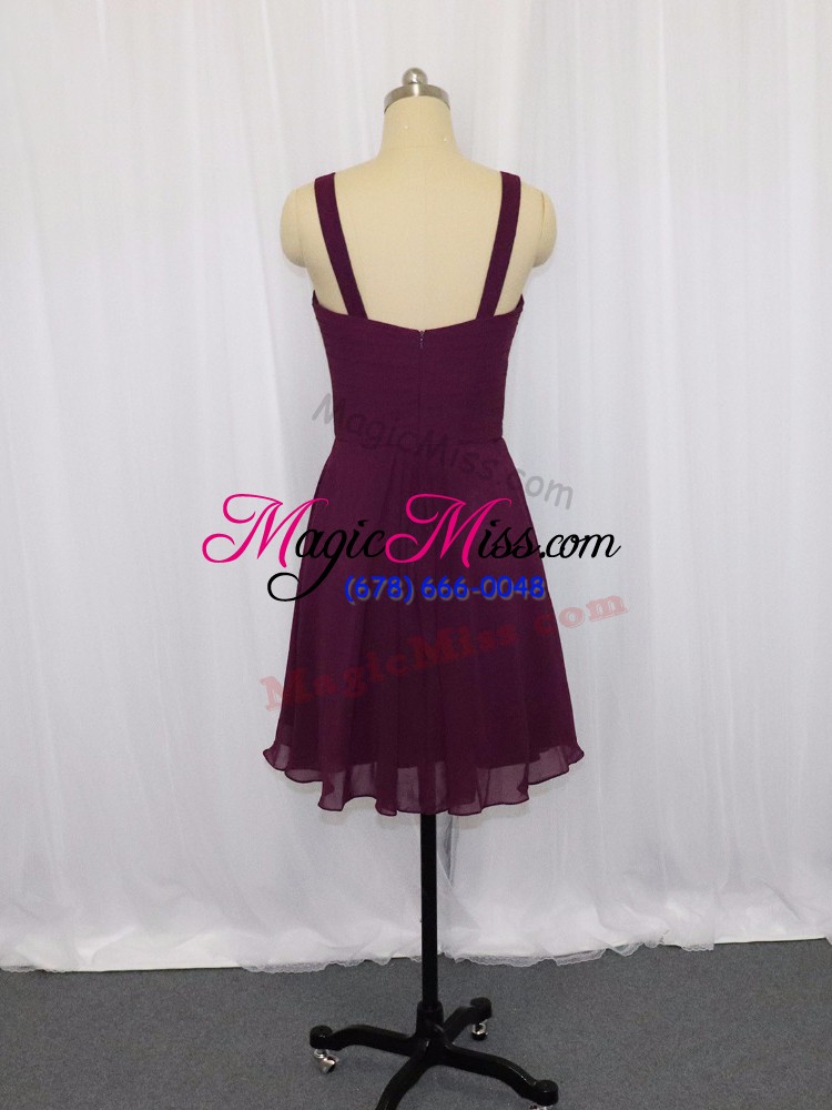 wholesale dark purple zipper mother of the bride dress ruching sleeveless mini length