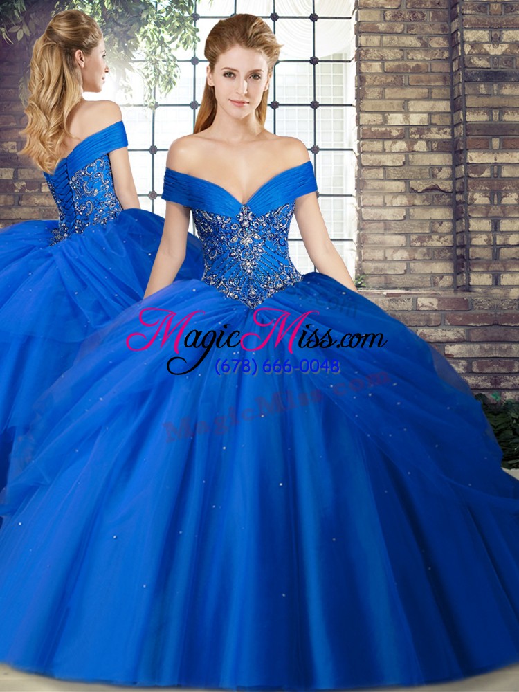 wholesale customized off the shoulder sleeveless brush train lace up sweet 16 quinceanera dress royal blue tulle