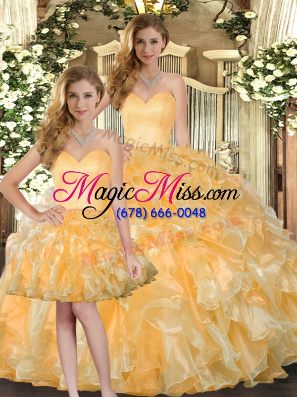 wholesale gold three pieces organza sweetheart sleeveless beading and ruffles floor length lace up quinceanera gowns