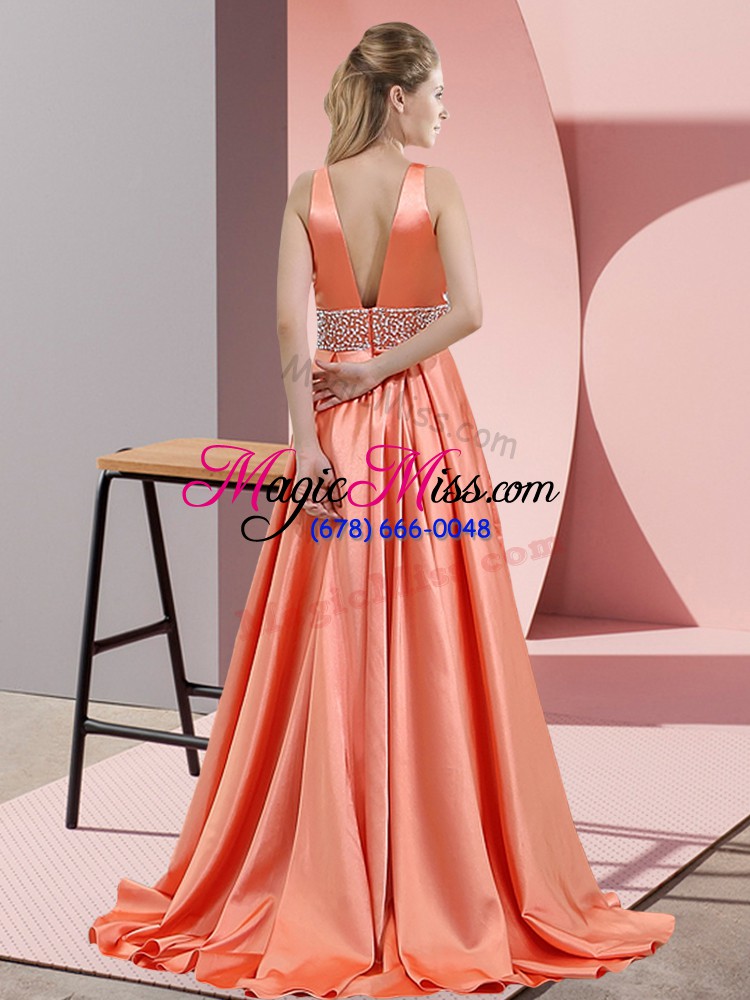 wholesale dramatic rose pink elastic woven satin backless dress for prom sleeveless brush train beading