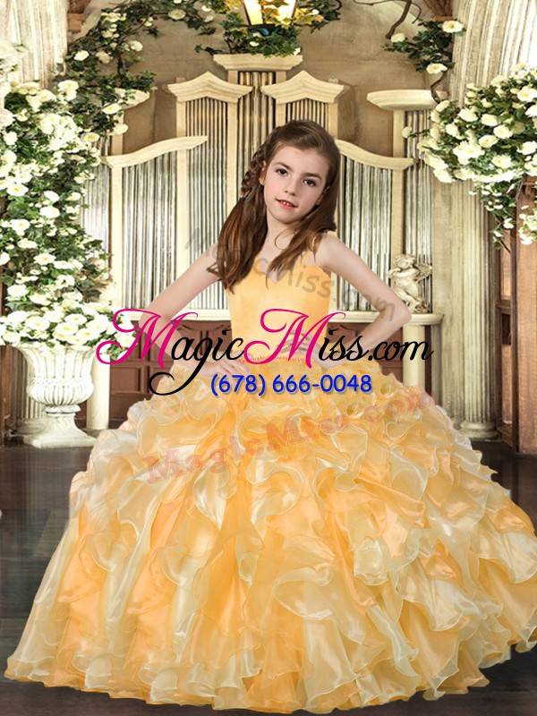 wholesale floor length ball gowns sleeveless gold little girl pageant gowns lace up