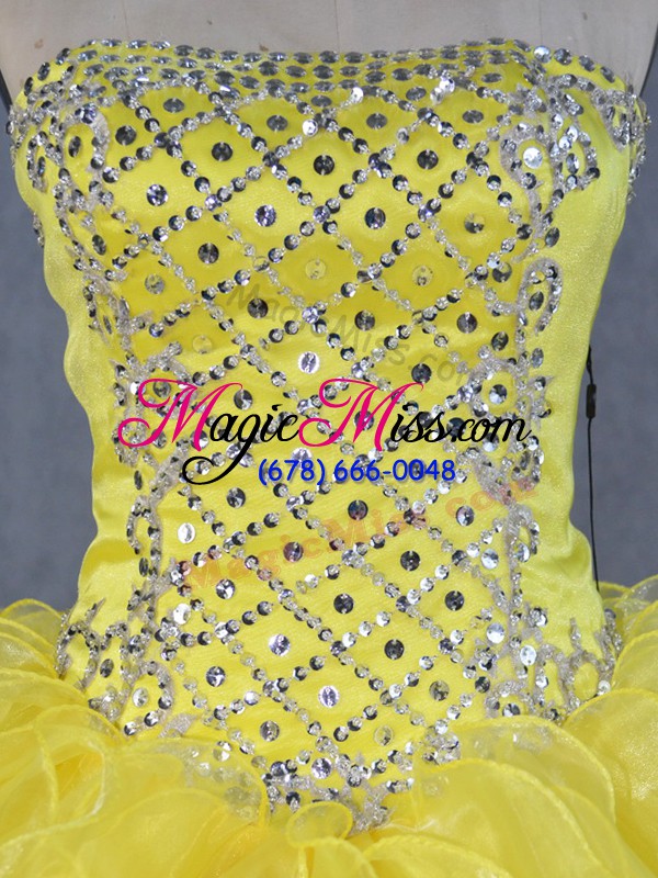 wholesale ball gowns sweet 16 dress yellow strapless organza sleeveless asymmetrical lace up
