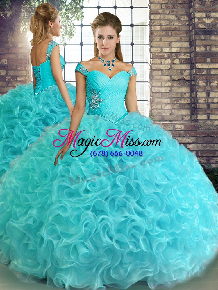 wholesale sleeveless floor length beading lace up quinceanera gown with aqua blue