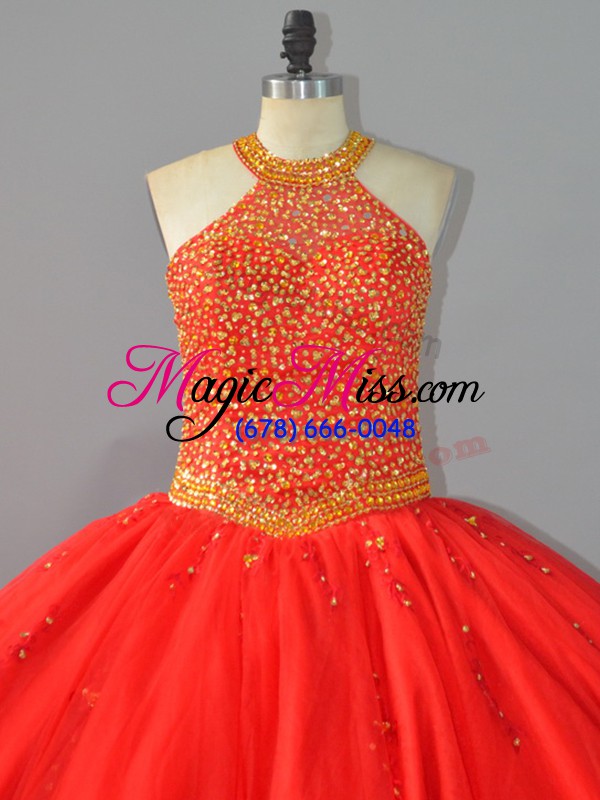 wholesale dazzling sleeveless floor length beading lace up 15th birthday dress with red