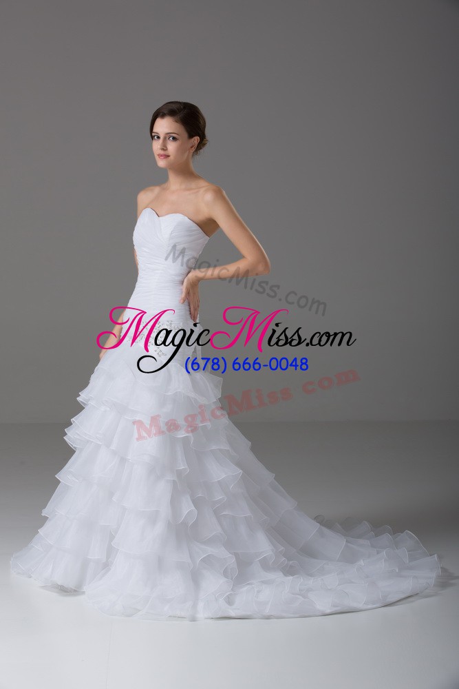 wholesale sleeveless brush train lace up beading and ruffled layers bridal gown