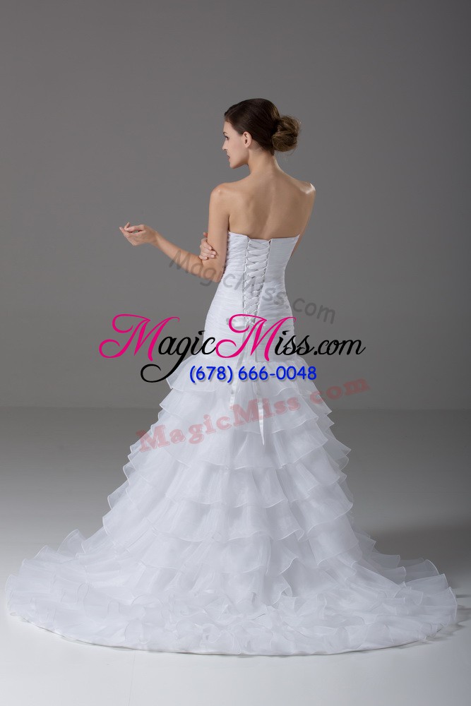 wholesale sleeveless brush train lace up beading and ruffled layers bridal gown