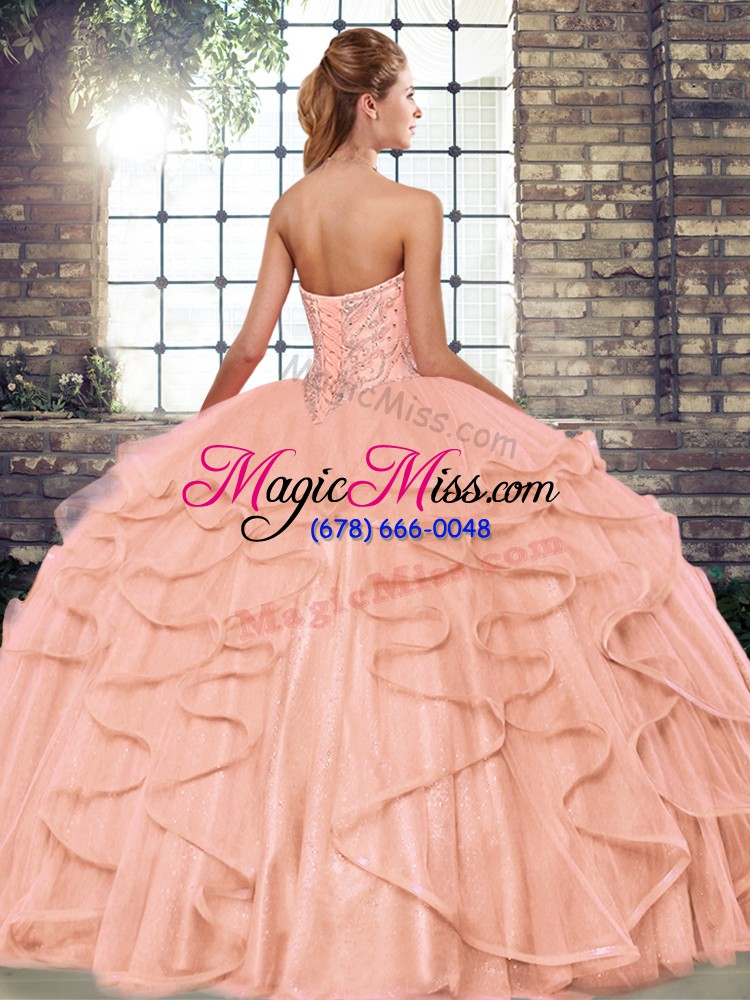 wholesale sleeveless floor length beading and ruffles lace up quince ball gowns with fuchsia