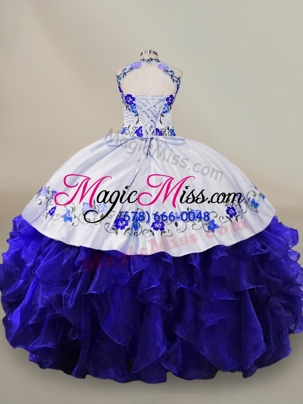 wholesale blue and white halter top lace up embroidery and ruffles 15 quinceanera dress sleeveless