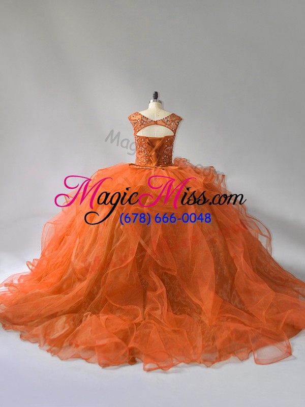wholesale fitting sleeveless brush train ruffles lace up ball gown prom dress