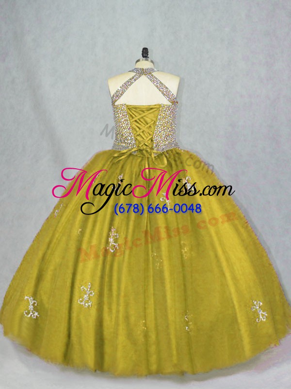wholesale sleeveless floor length beading and appliques lace up 15th birthday dress with olive green