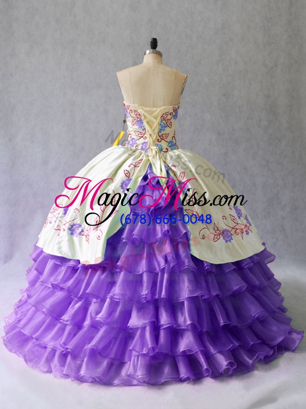 wholesale fashion sleeveless lace up floor length embroidery and ruffled layers ball gown prom dress