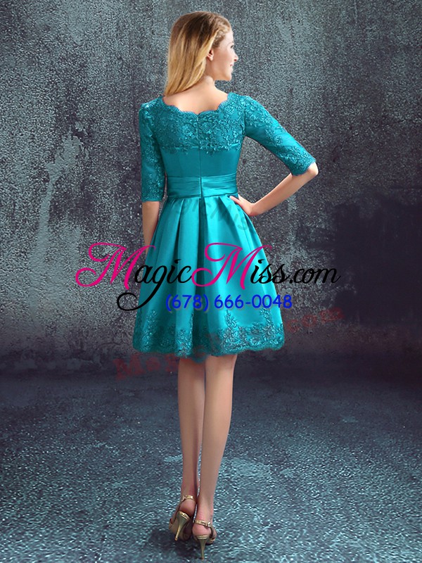 wholesale half sleeves knee length lace zipper quinceanera dama dress with teal