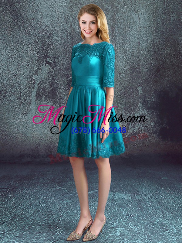 wholesale half sleeves knee length lace zipper quinceanera dama dress with teal