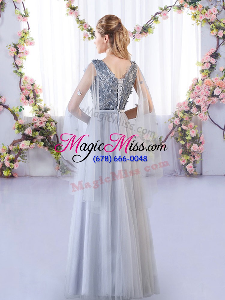 wholesale grey lace up bridesmaid dress appliques sleeveless floor length