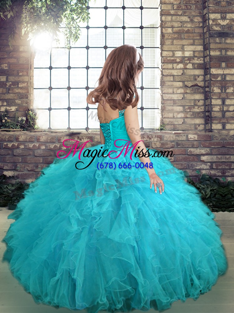 wholesale nice beading and ruffles kids pageant dress turquoise lace up long sleeves floor length